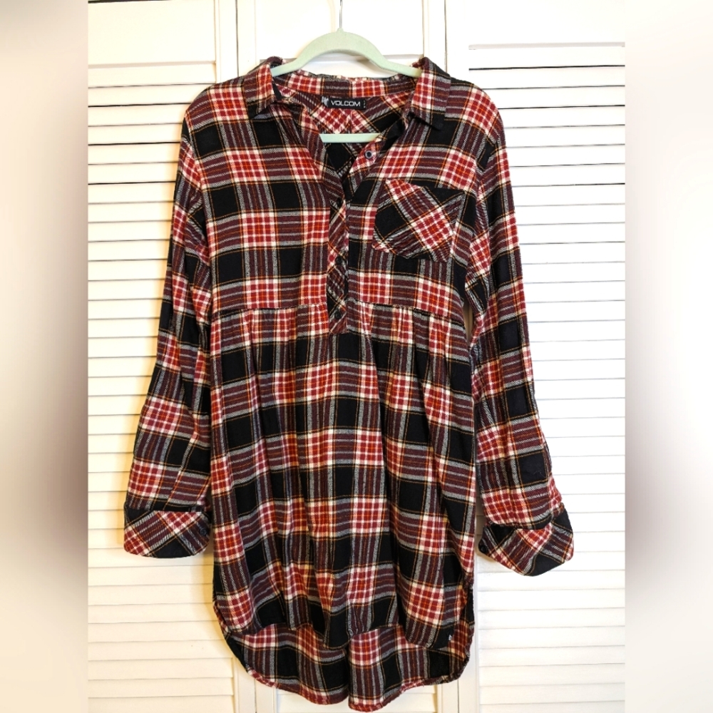 VOLCOM Flannel Mini Dress Shirt Buttoned Neck Long Sleeve size S Petite